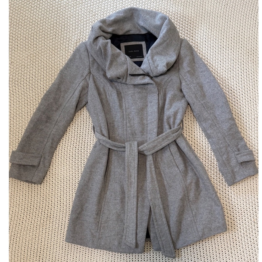 Zara Gray Wool Blend Funnel Neck Belted Wrap Pea Coat Womens Large Mid Length